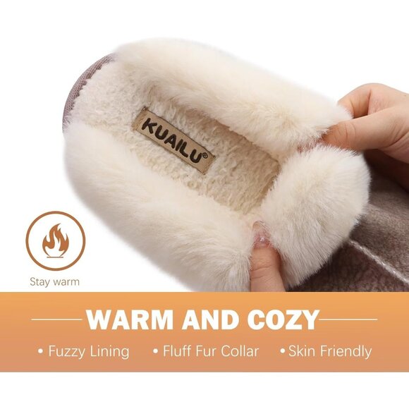 ⚡Women Beige Suede Fluff Dual Memory Foam Arch Support Warm Scuff Slipper - Picture 5 of 7